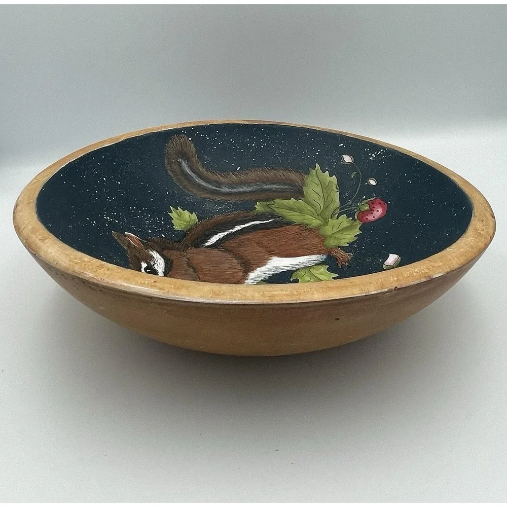 Vtg. Hand-Painted Munising Wooden Bowl American Folk Art Signed 11.5